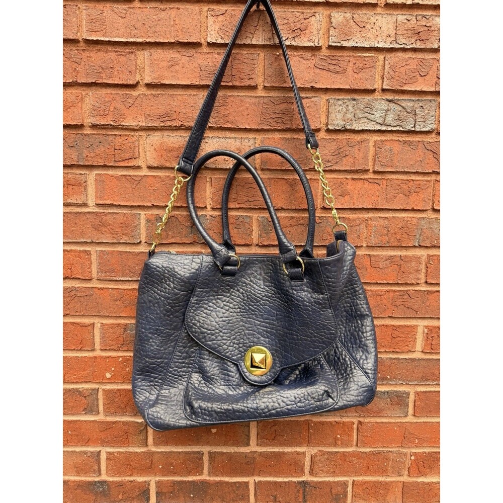 Steve Madden Navy Blue Pebbled Satchel Tote Crossbody Purse Gold Hardware